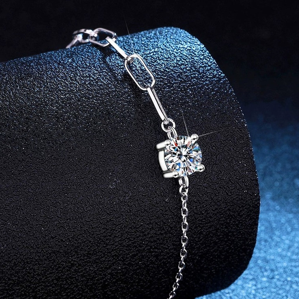 Round Moissanite Chain Bracelet in White Gold-Plated S925 Sterling Silver blue display scene showing bracelet sparkle and chain detail