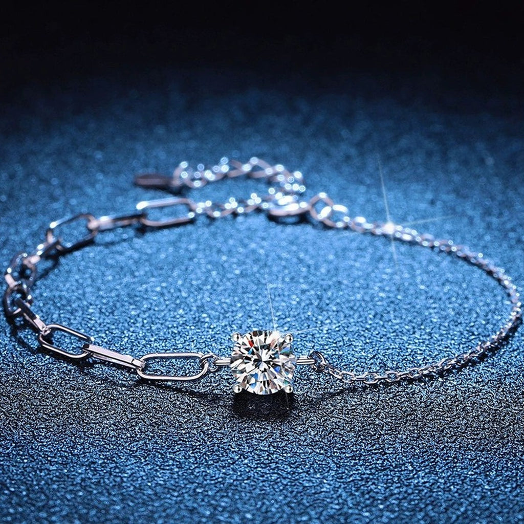 Round Moissanite Chain Bracelet in White Gold-Plated S925 Sterling Silver blue display scene showing bracelet sparkle and chain detail