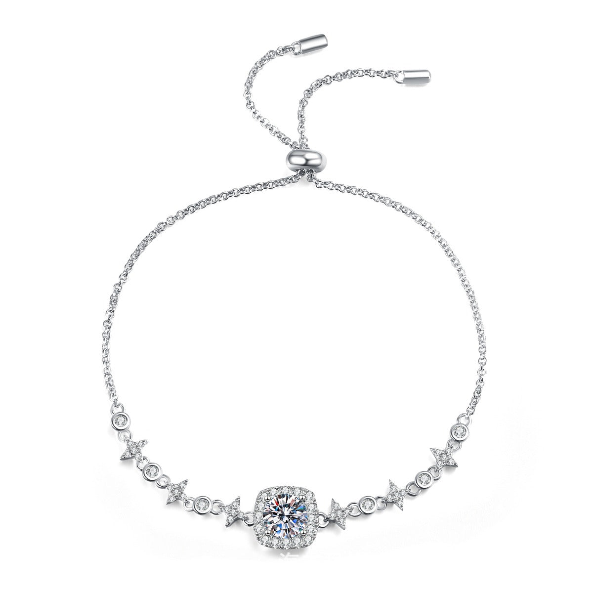Round Moissanite Chain Bracelet with CZ in White Gold-Plated S925 Sterling Silver white background product photo
