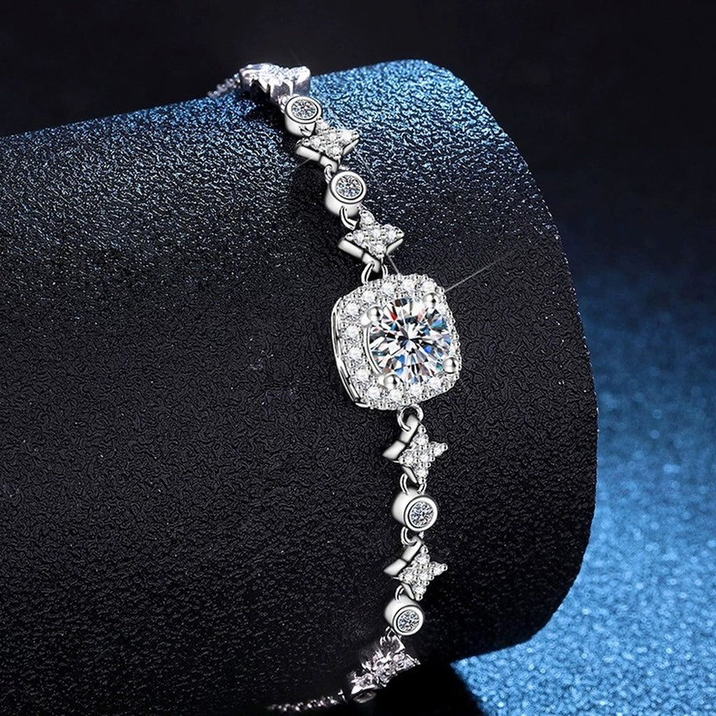 Round Moissanite Chain Bracelet with CZ in White Gold-Plated S925 Sterling Silver blue display scene showing bracelet sparkle and chain detail