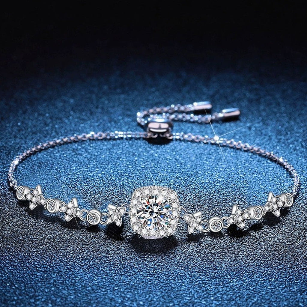 Round Moissanite Chain Bracelet with CZ in White Gold-Plated S925 Sterling Silver blue display scene showing bracelet sparkle and chain detail