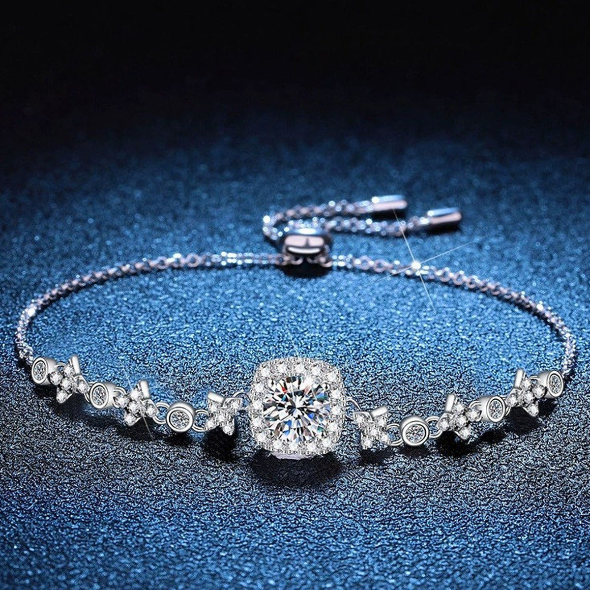 Round Moissanite Chain Bracelet with CZ in White Gold-Plated S925 Sterling Silver blue display scene showing bracelet sparkle and chain detail