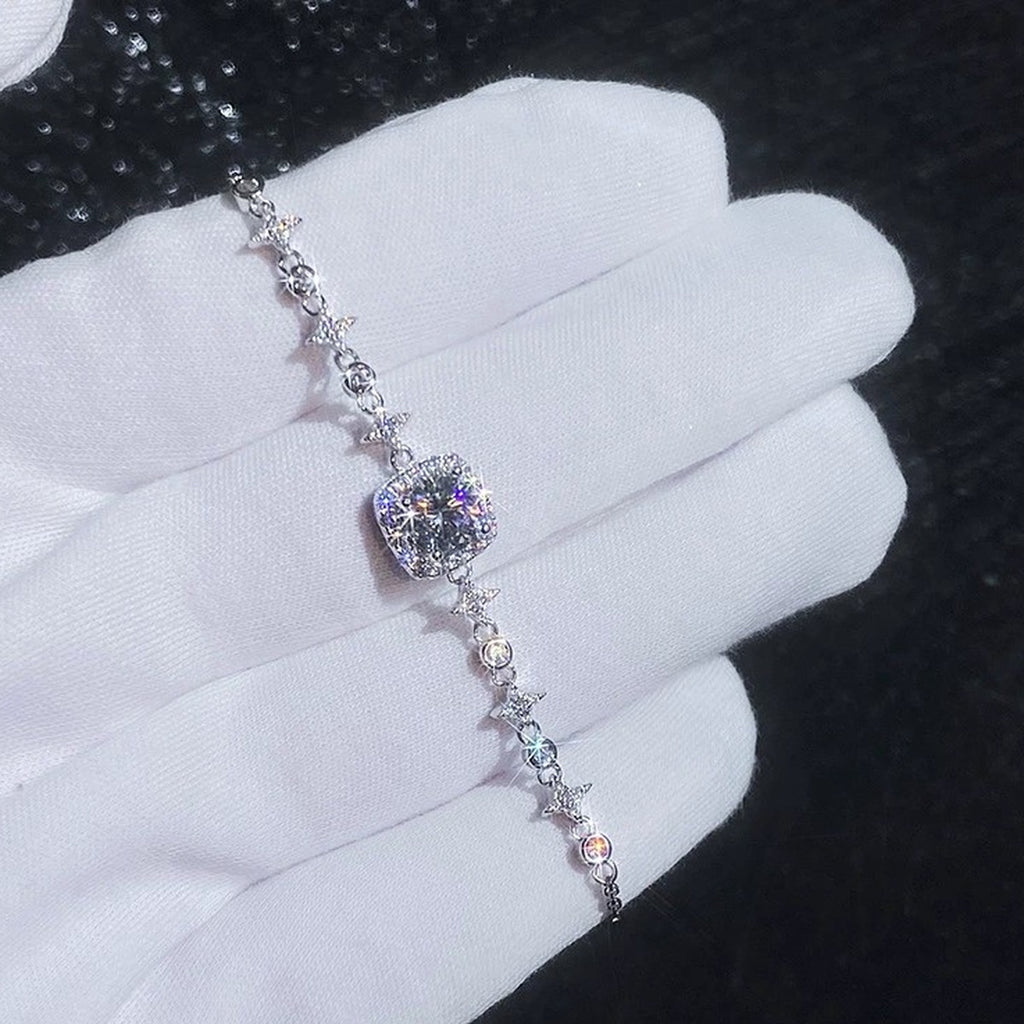 Round Moissanite Chain Bracelet with CZ in White Gold-Plated S925 Sterling Silver dark display close-up highlighting stone setting and metal finish