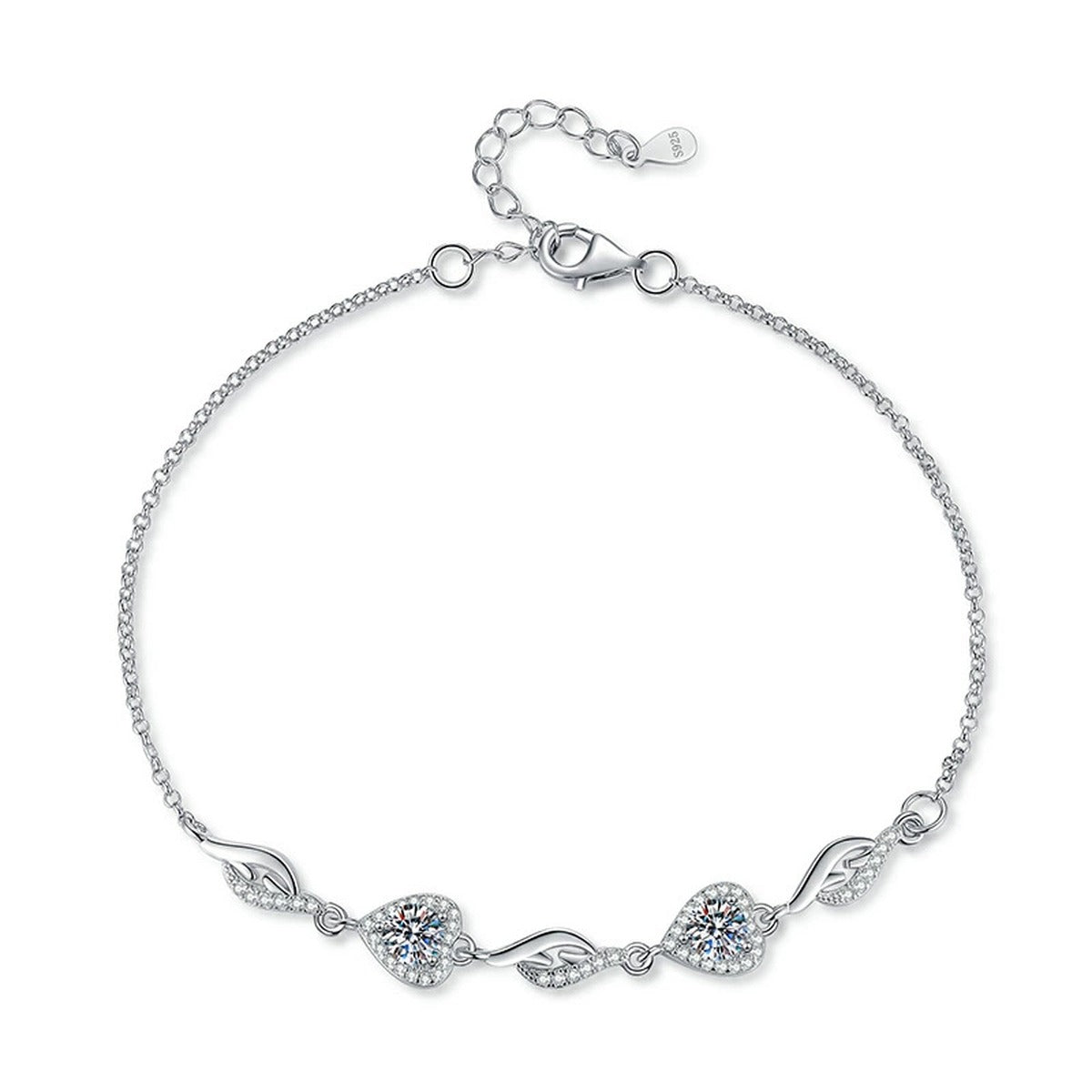 Graduated Moissanite Chain Bracelet with CZ in White Gold-Plated S925 Sterling Silver white background product photo