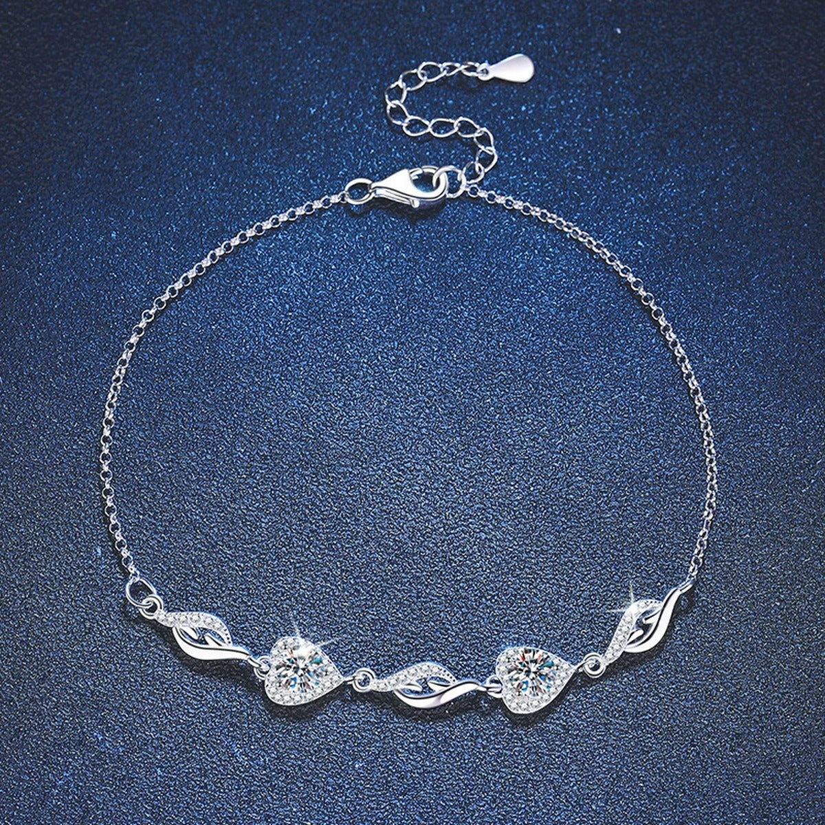 Graduated Moissanite Chain Bracelet with CZ in White Gold-Plated S925 Sterling Silver blue display scene showing bracelet sparkle and chain detail