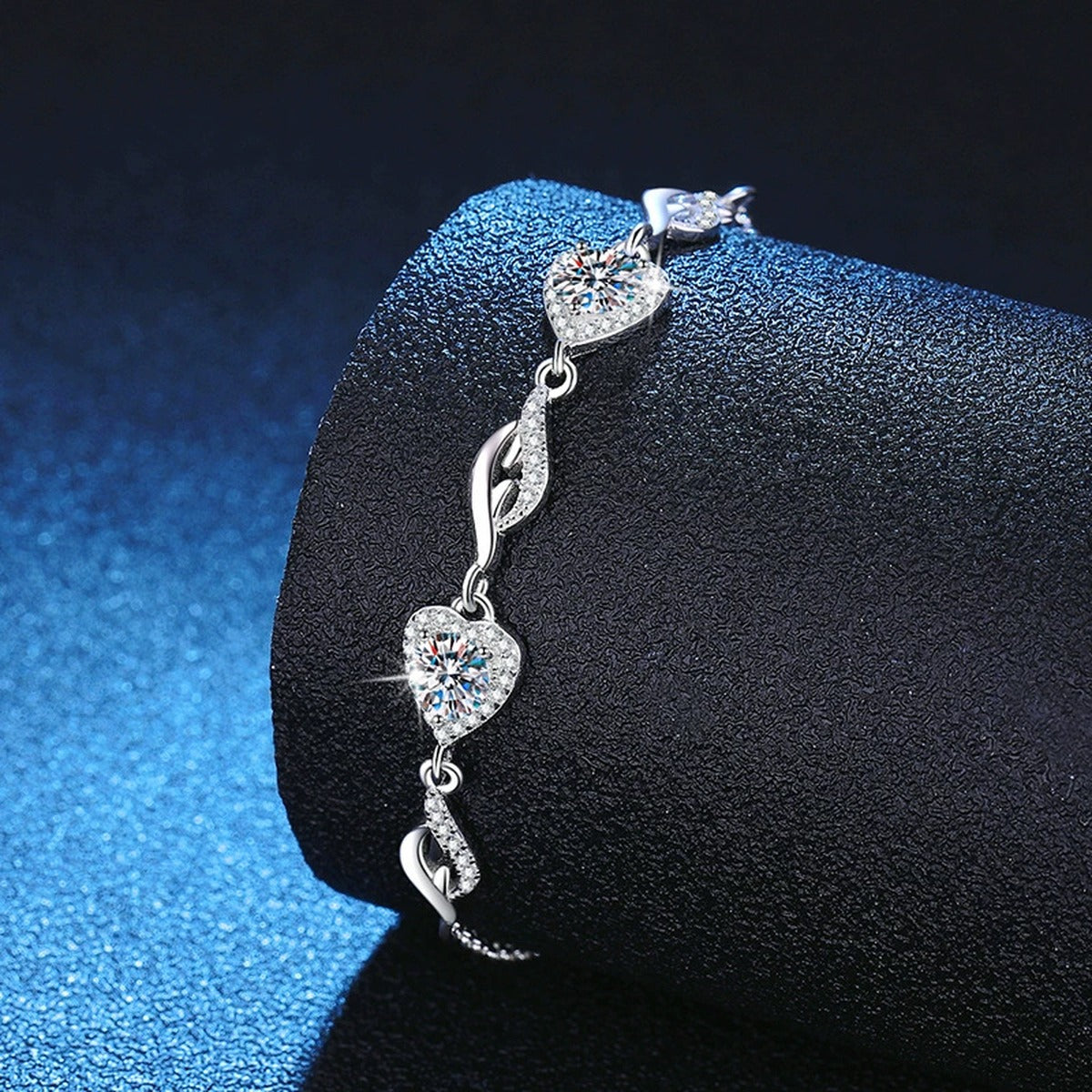 Graduated Moissanite Chain Bracelet with CZ in White Gold-Plated S925 Sterling Silver blue display scene showing bracelet sparkle and chain detail