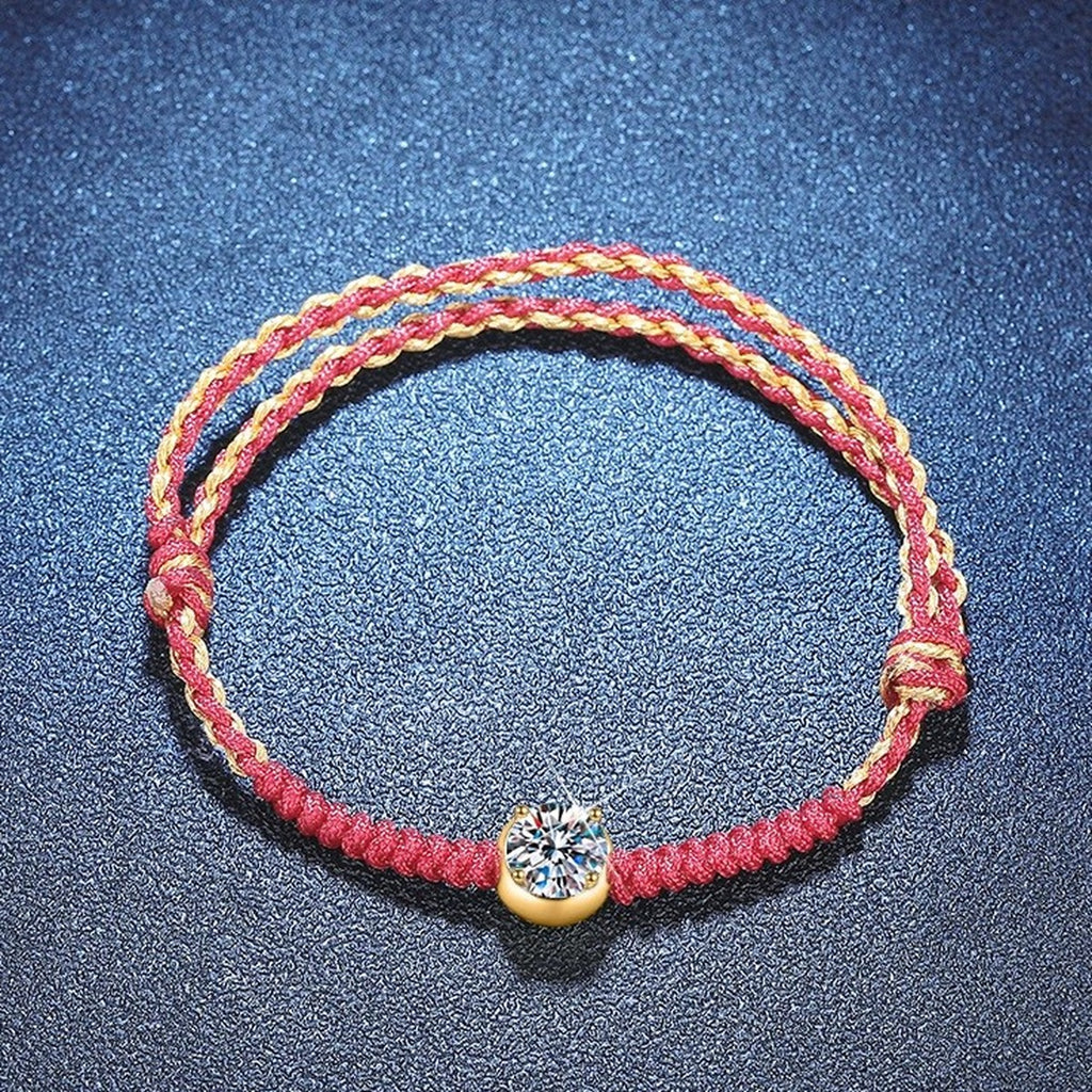 Red Cord Moissanite Bracelet in Gold-Plated S925 Sterling Silver blue display scene showing bracelet sparkle and chain detail