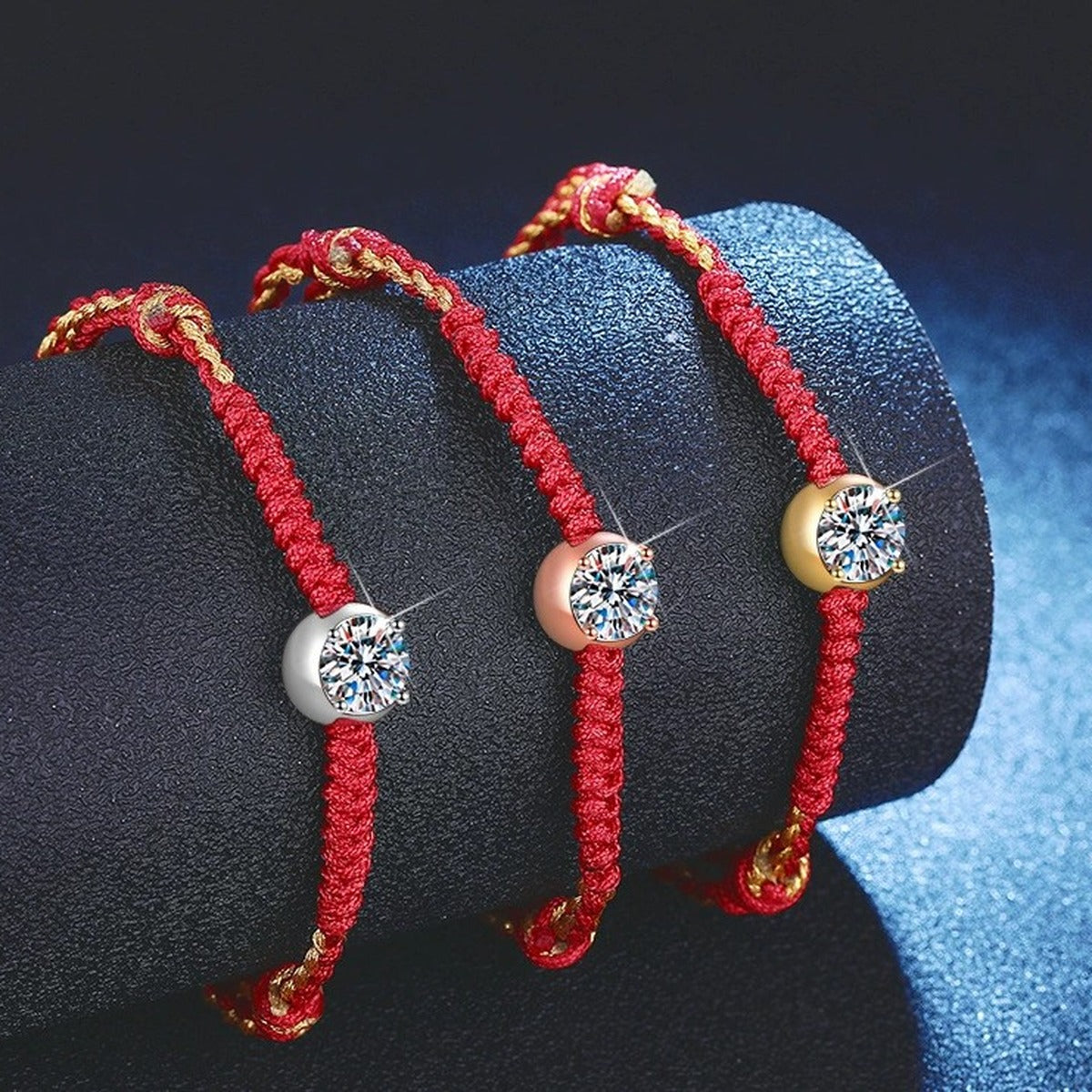Red Cord Moissanite Bracelet in Gold-Plated S925 Sterling Silver blue display scene showing bracelet sparkle and chain detail