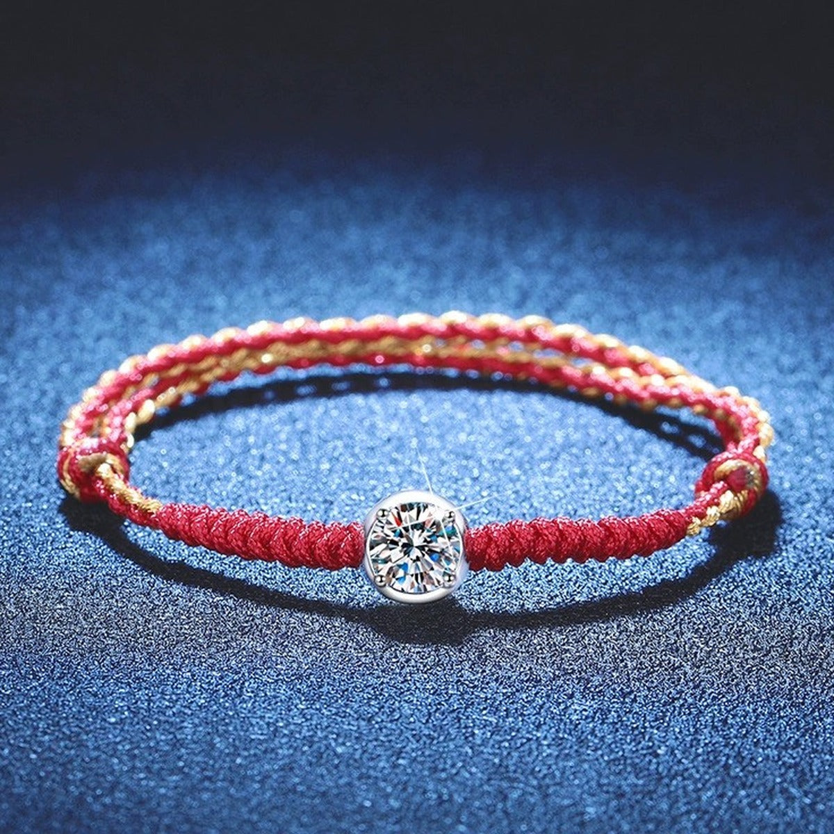 Red Cord Moissanite Bracelet in Gold-Plated S925 Sterling Silver blue display scene showing bracelet sparkle and chain detail