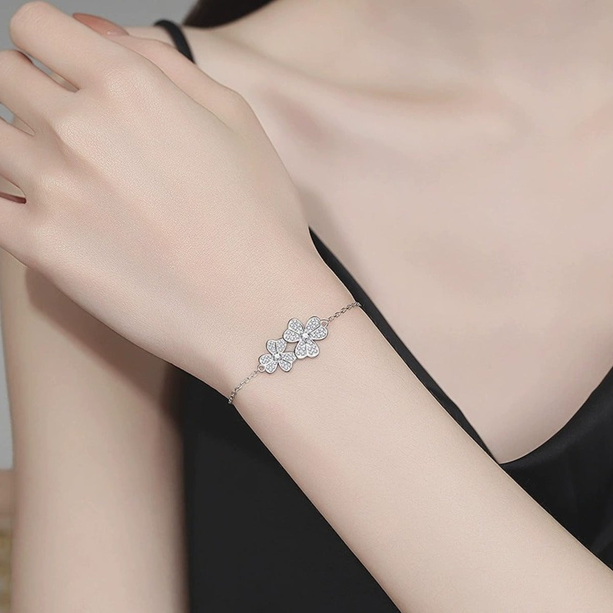 Cluster Moissanite Chain Bracelet in White Gold-Plated S925 Sterling Silver worn on wrist model view showing scale and fit
