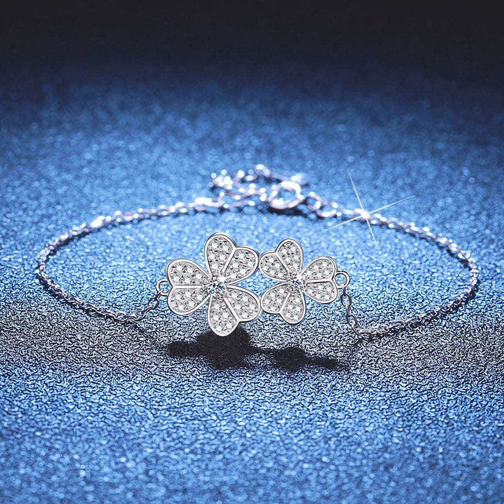 Cluster Moissanite Chain Bracelet in White Gold-Plated S925 Sterling Silver blue display scene showing bracelet sparkle and chain detail