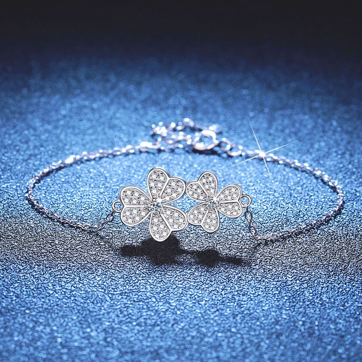 Cluster Moissanite Chain Bracelet in White Gold-Plated S925 Sterling Silver blue display scene showing bracelet sparkle and chain detail