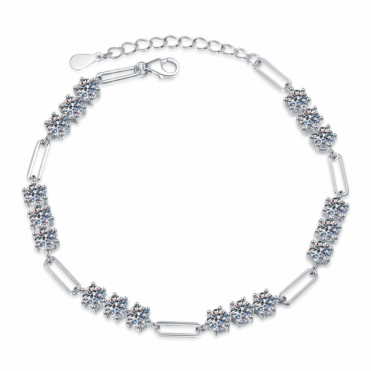 Cluster Moissanite Chain Bracelet in White Gold-Plated S925 Sterling Silver white background product photo