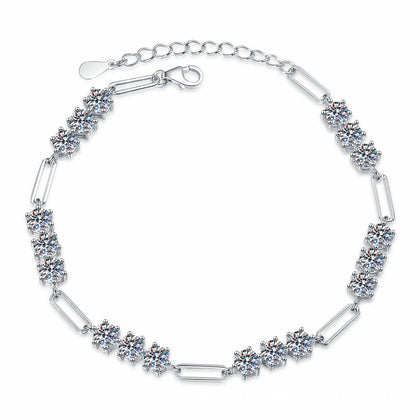 Cluster Moissanite Chain Bracelet in White Gold-Plated S925 Sterling Silver white background product photo