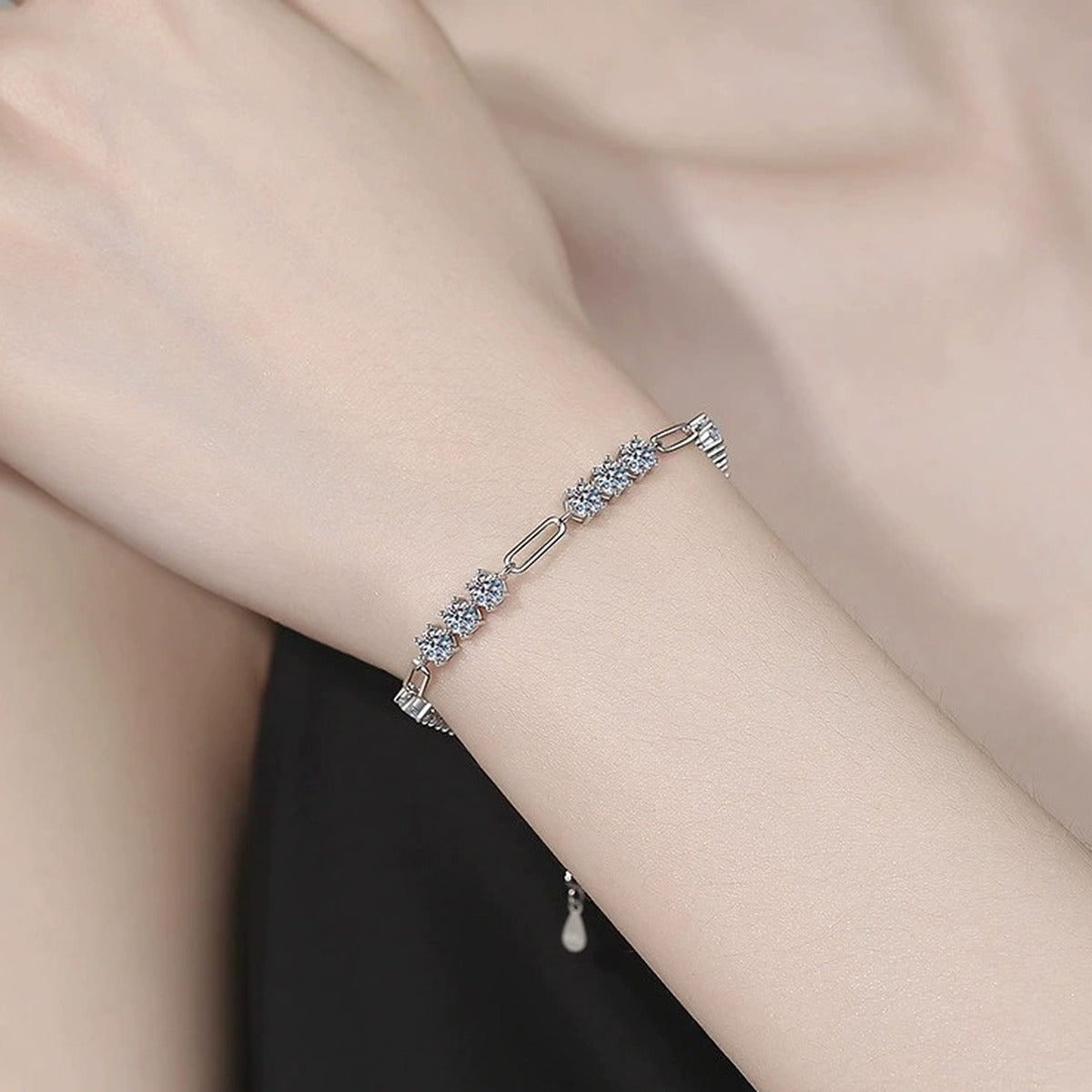 Cluster Moissanite Chain Bracelet in White Gold-Plated S925 Sterling Silver worn on wrist model view showing scale and fit