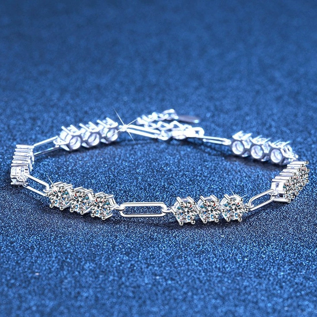 Cluster Moissanite Chain Bracelet in White Gold-Plated S925 Sterling Silver blue display scene showing bracelet sparkle and chain detail