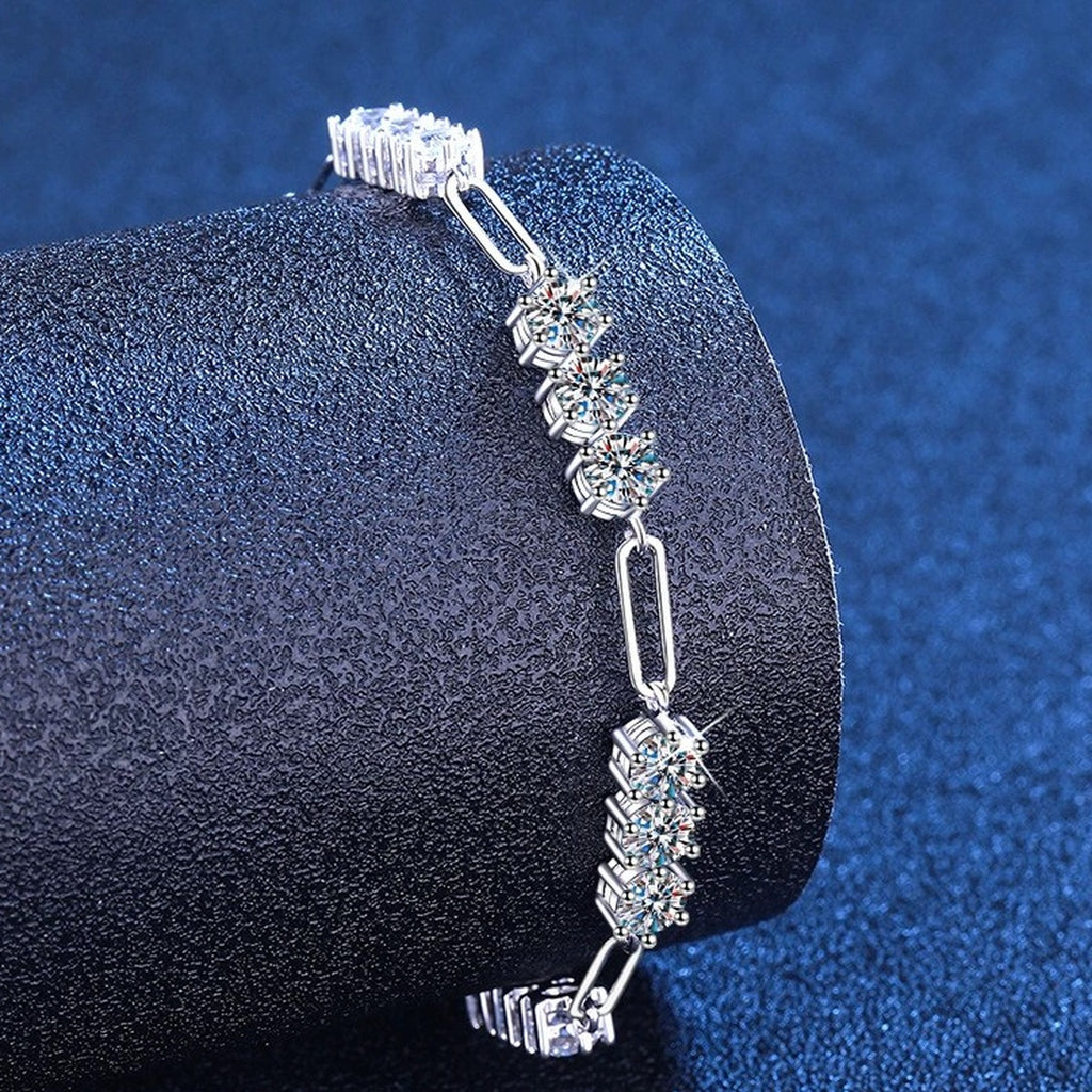 Cluster Moissanite Chain Bracelet in White Gold-Plated S925 Sterling Silver blue display scene showing bracelet sparkle and chain detail