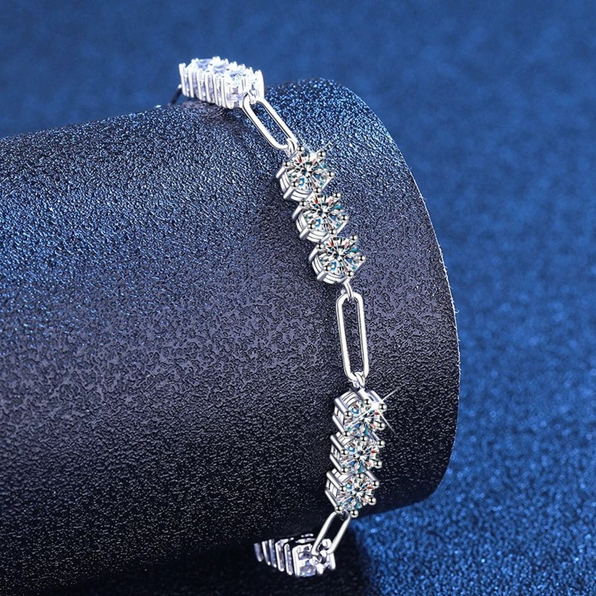 Cluster Moissanite Chain Bracelet in White Gold-Plated S925 Sterling Silver blue display scene showing bracelet sparkle and chain detail