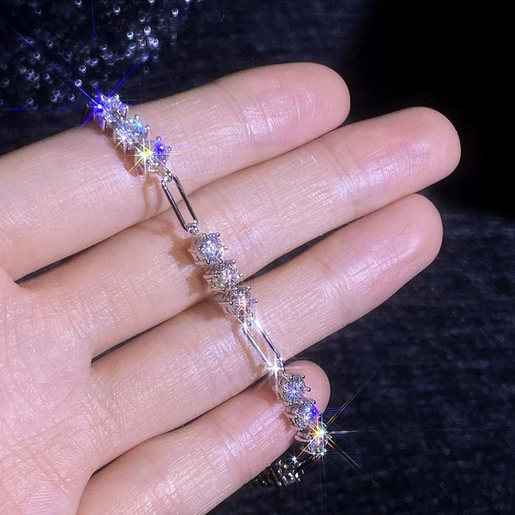 Cluster Moissanite Chain Bracelet in White Gold-Plated S925 Sterling Silver dark display close-up highlighting stone setting and metal finish