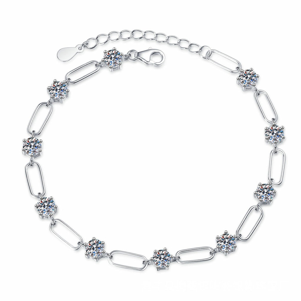 Three-Stone Moissanite Chain Bracelet in White Gold-Plated S925 Sterling Silver white background product photo