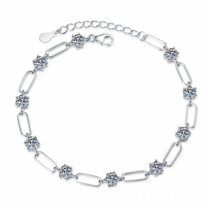 Three-Stone Moissanite Chain Bracelet in White Gold-Plated S925 Sterling Silver white background product photo
