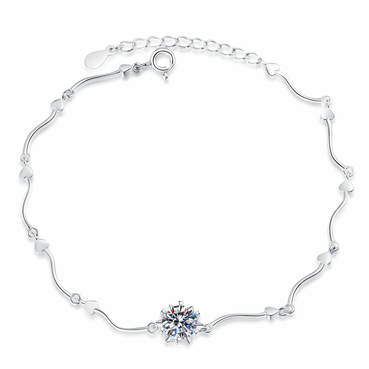 Round Moissanite Chain Bracelet in White Gold-Plated S925 Sterling Silver white background product photo
