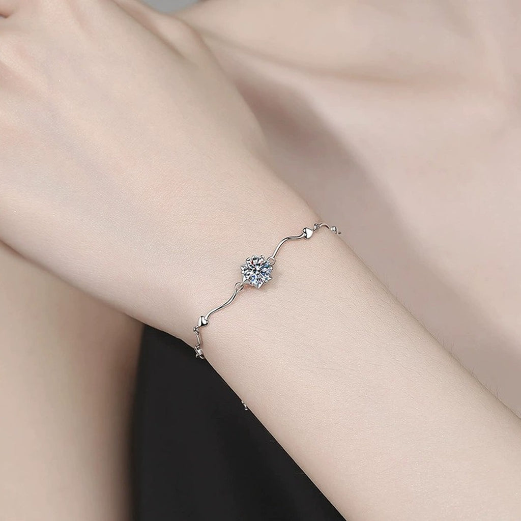 Round Moissanite Chain Bracelet in White Gold-Plated S925 Sterling Silver worn on wrist model view showing scale and fit