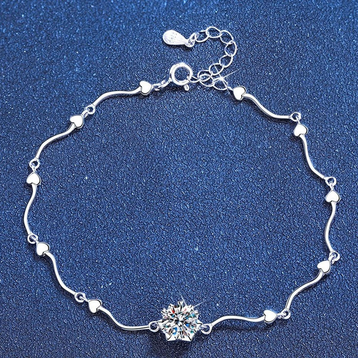Round Moissanite Chain Bracelet in White Gold-Plated S925 Sterling Silver blue display scene showing bracelet sparkle and chain detail