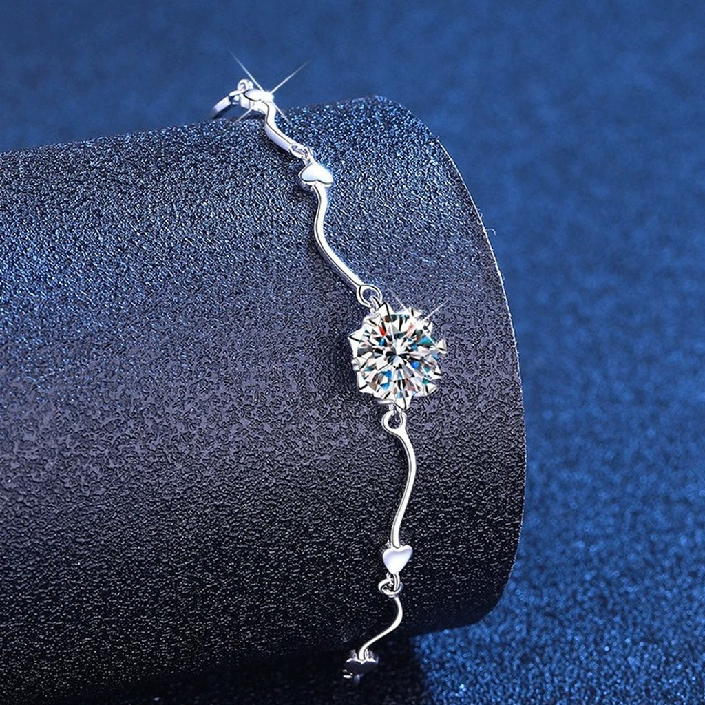 Round Moissanite Chain Bracelet in White Gold-Plated S925 Sterling Silver blue display scene showing bracelet sparkle and chain detail