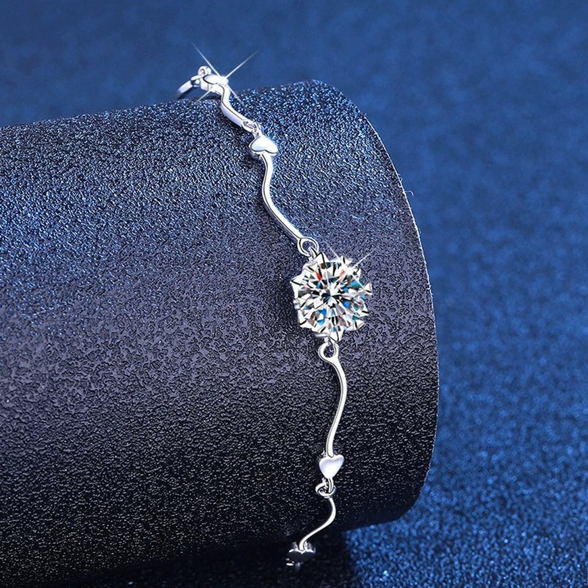 Round Moissanite Chain Bracelet in White Gold-Plated S925 Sterling Silver blue display scene showing bracelet sparkle and chain detail