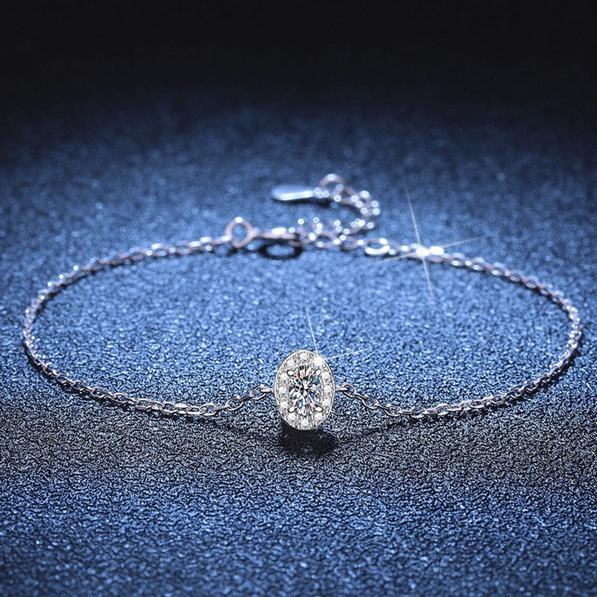 Round Moissanite Chain Bracelet with CZ in White Gold-Plated S925 Sterling Silver blue display scene showing bracelet sparkle and chain detail