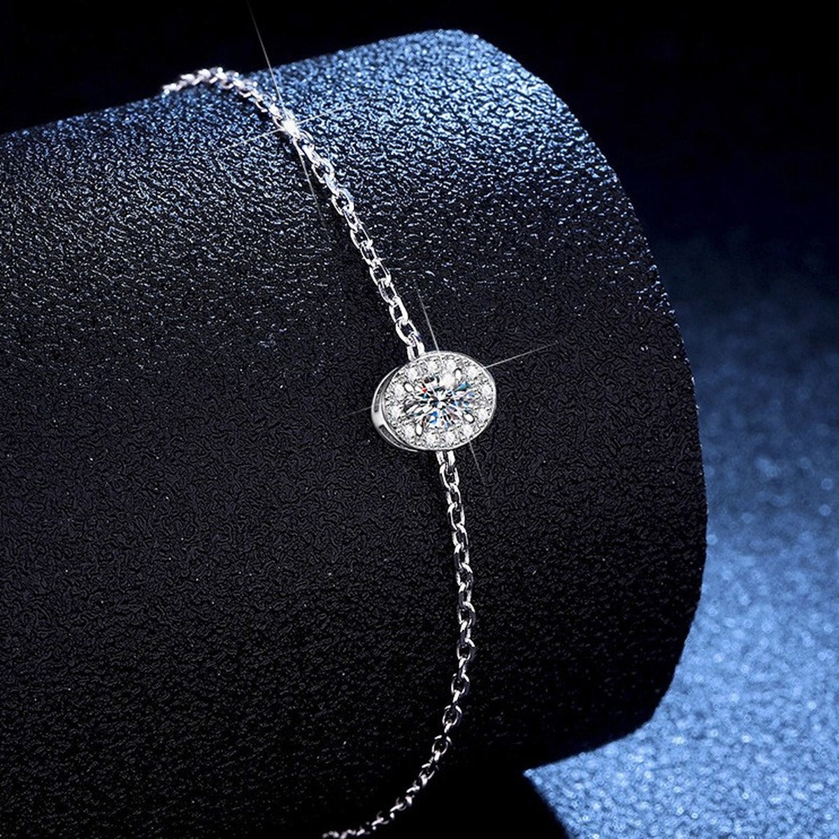 Round Moissanite Chain Bracelet with CZ in White Gold-Plated S925 Sterling Silver blue display scene showing bracelet sparkle and chain detail