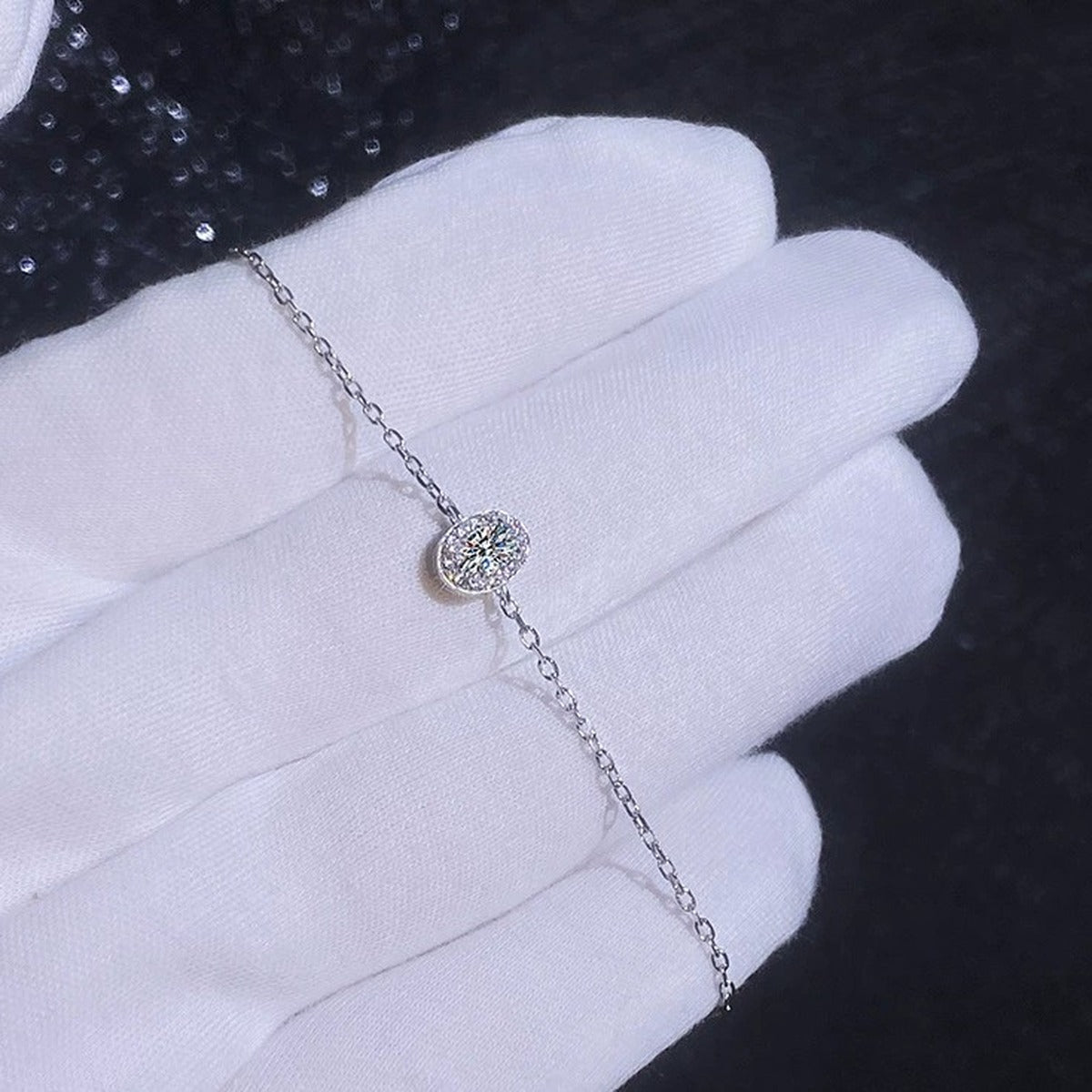 Round Moissanite Chain Bracelet with CZ in White Gold-Plated S925 Sterling Silver blue display scene showing bracelet sparkle and chain detail