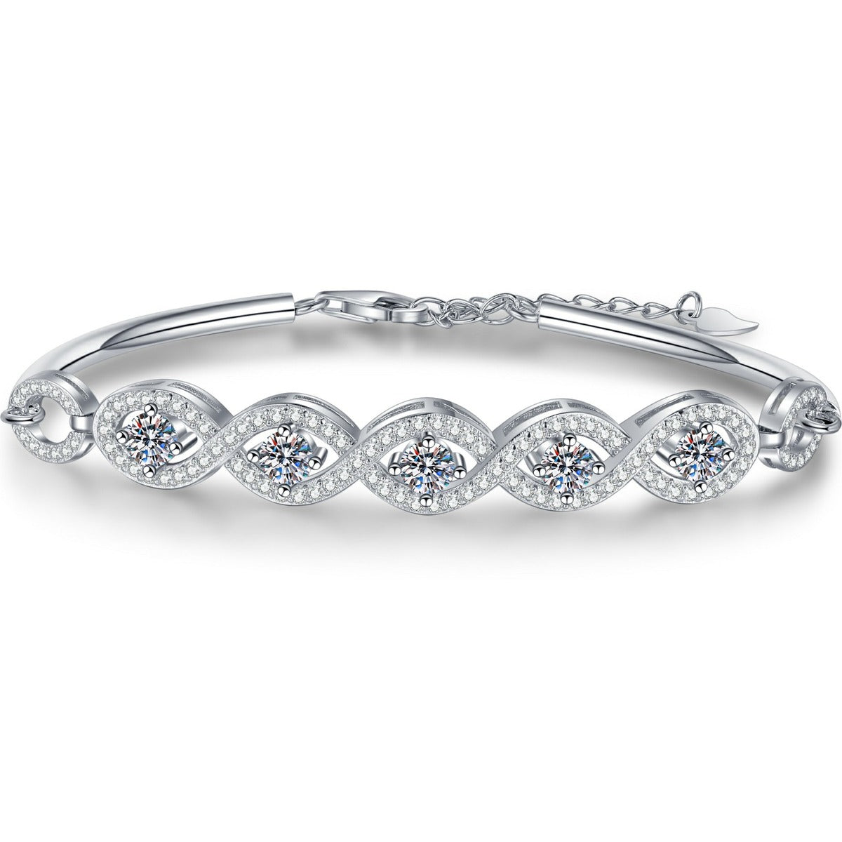 Oval Moissanite Bangle Bracelet with CZ white background product photo showing bracelet silhouette and moissanite setting