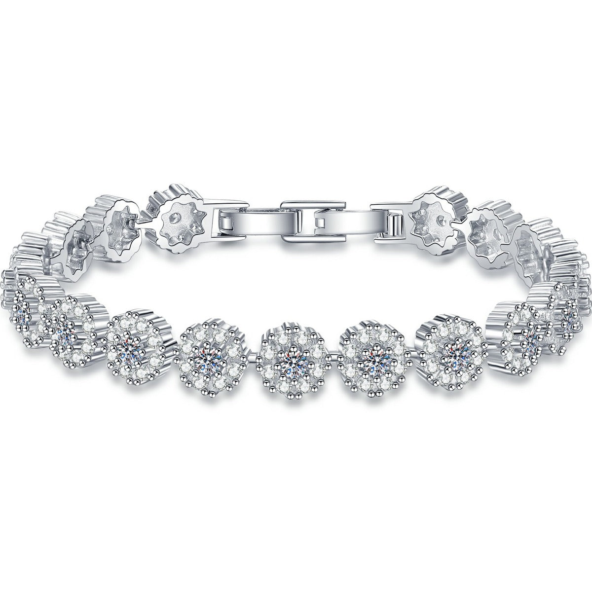 Round Moissanite Tennis Bracelet with CZ white background product photo showing bracelet silhouette and moissanite setting