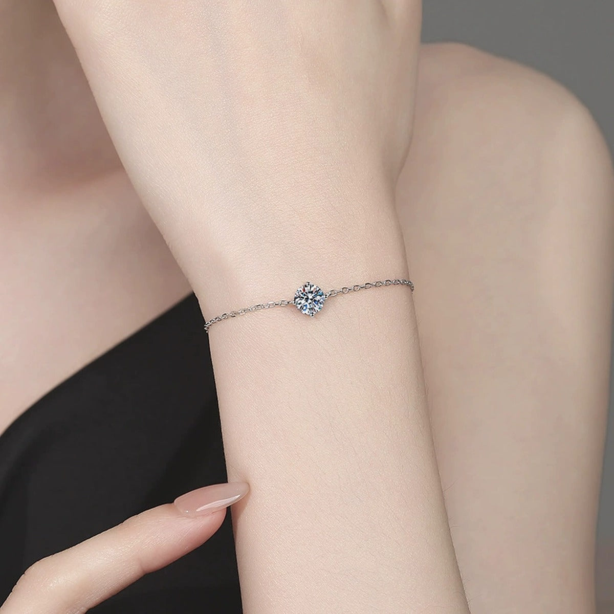 Round Moissanite Chain Bracelet worn on wrist model view showing bracelet scale and fit