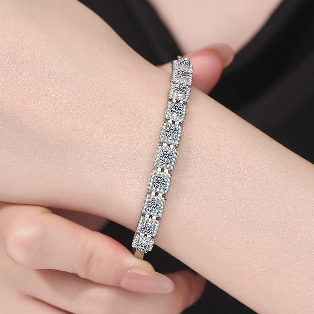 Three-Row Moissanite Bangle Bracelet worn on wrist model view showing bracelet scale and fit