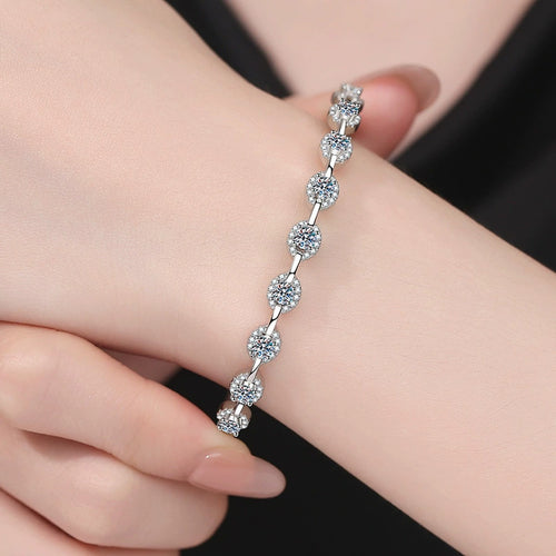 Bezel Moissanite Bangle Bracelet worn on wrist model view showing bracelet scale and fit