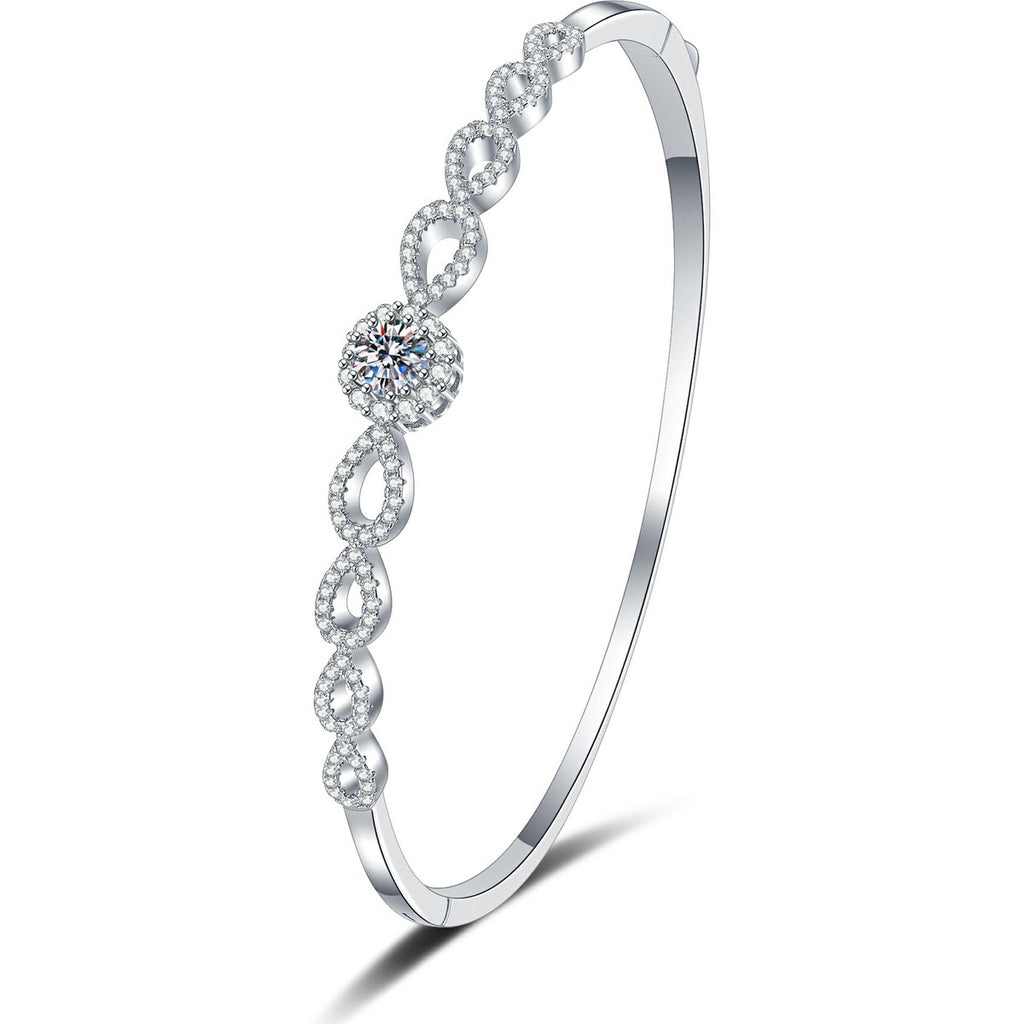 Round Moissanite Bangle Bracelet with CZ white background product photo showing bracelet silhouette and moissanite setting