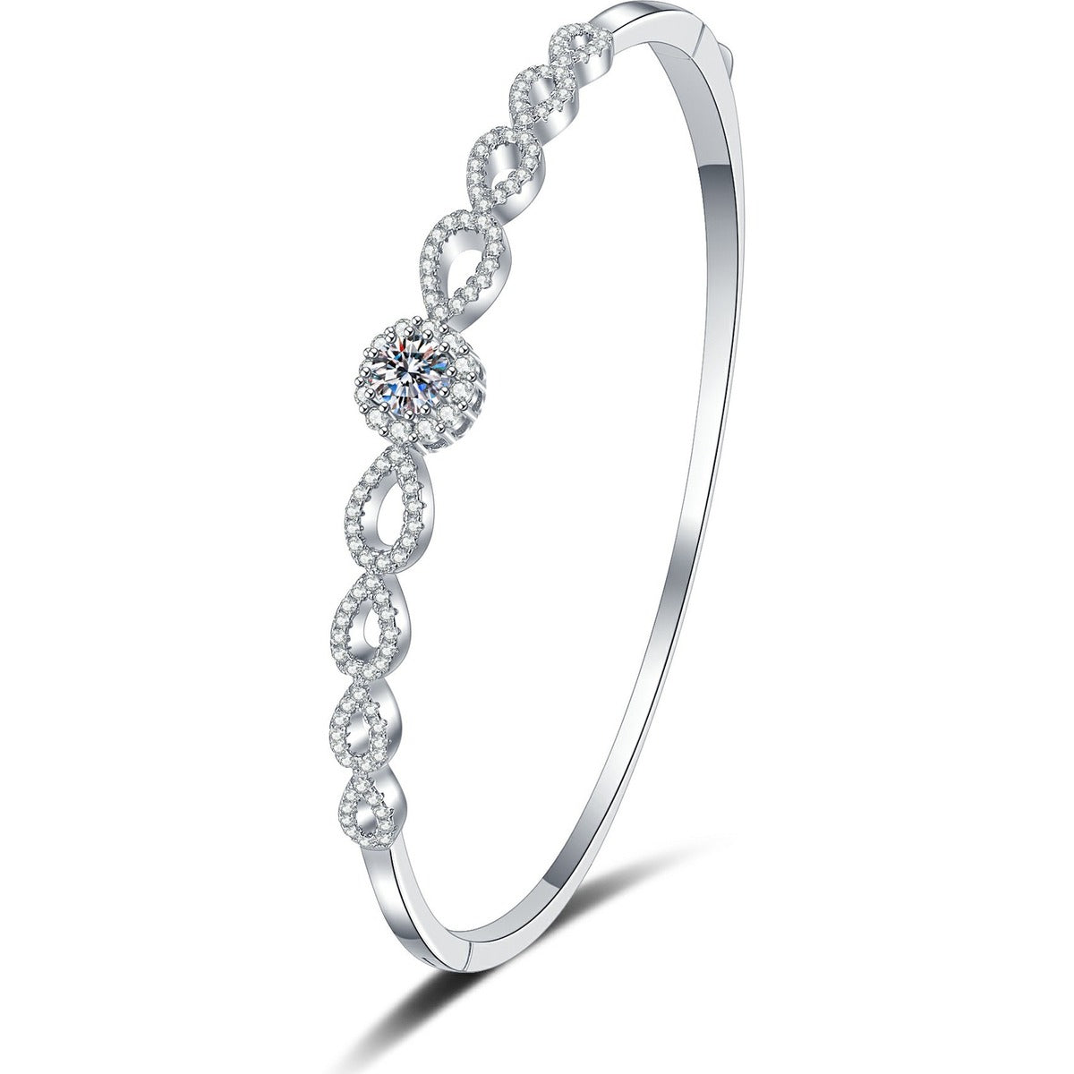 Round Moissanite Bangle Bracelet with CZ white background product photo showing bracelet silhouette and moissanite setting