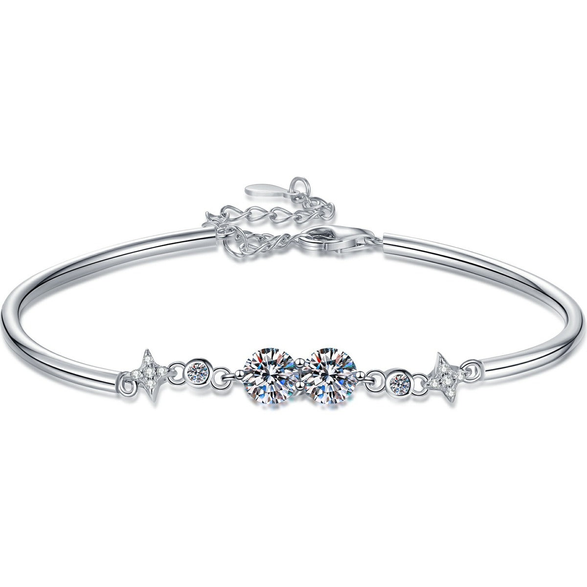 Round Moissanite Adjustable Bangle Bracelet with CZ white background product photo showing bracelet silhouette and moissanite setting