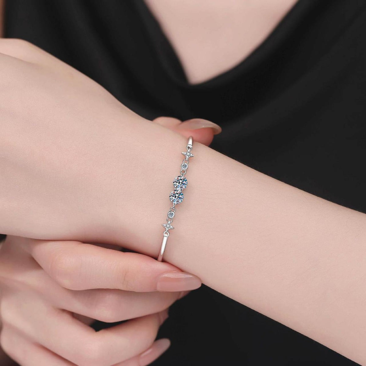 Round Moissanite Adjustable Bangle Bracelet with CZ worn on wrist model view showing bracelet scale and fit