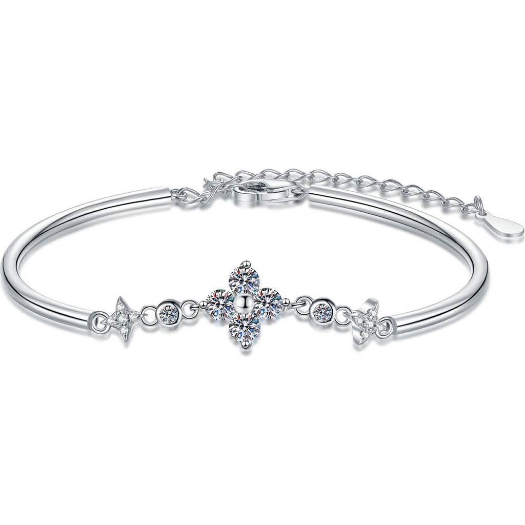 Floral Moissanite Adjustable Bangle Bracelet with CZ white background product photo showing bracelet silhouette and moissanite setting