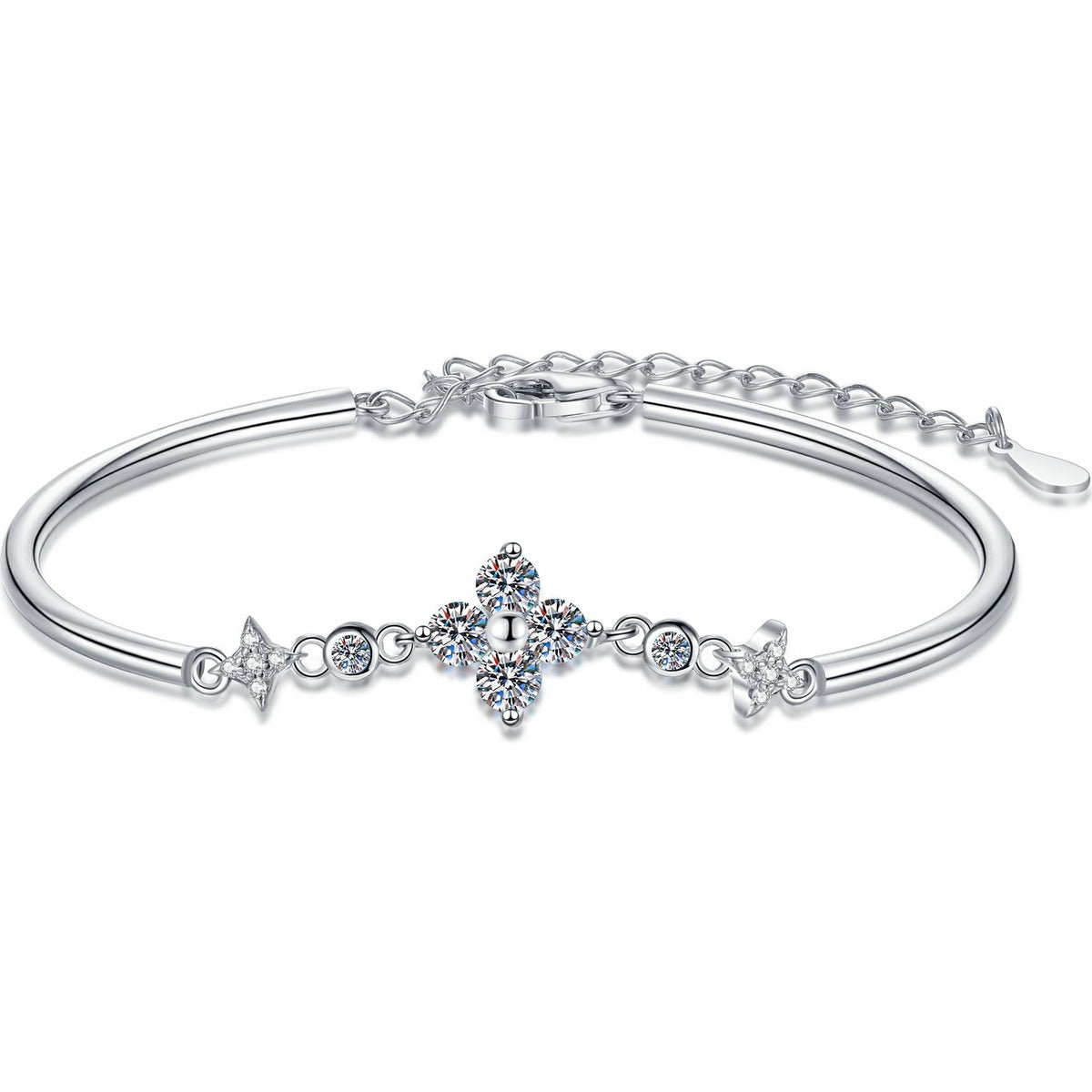 Floral Moissanite Adjustable Bangle Bracelet with CZ white background product photo showing bracelet silhouette and moissanite setting