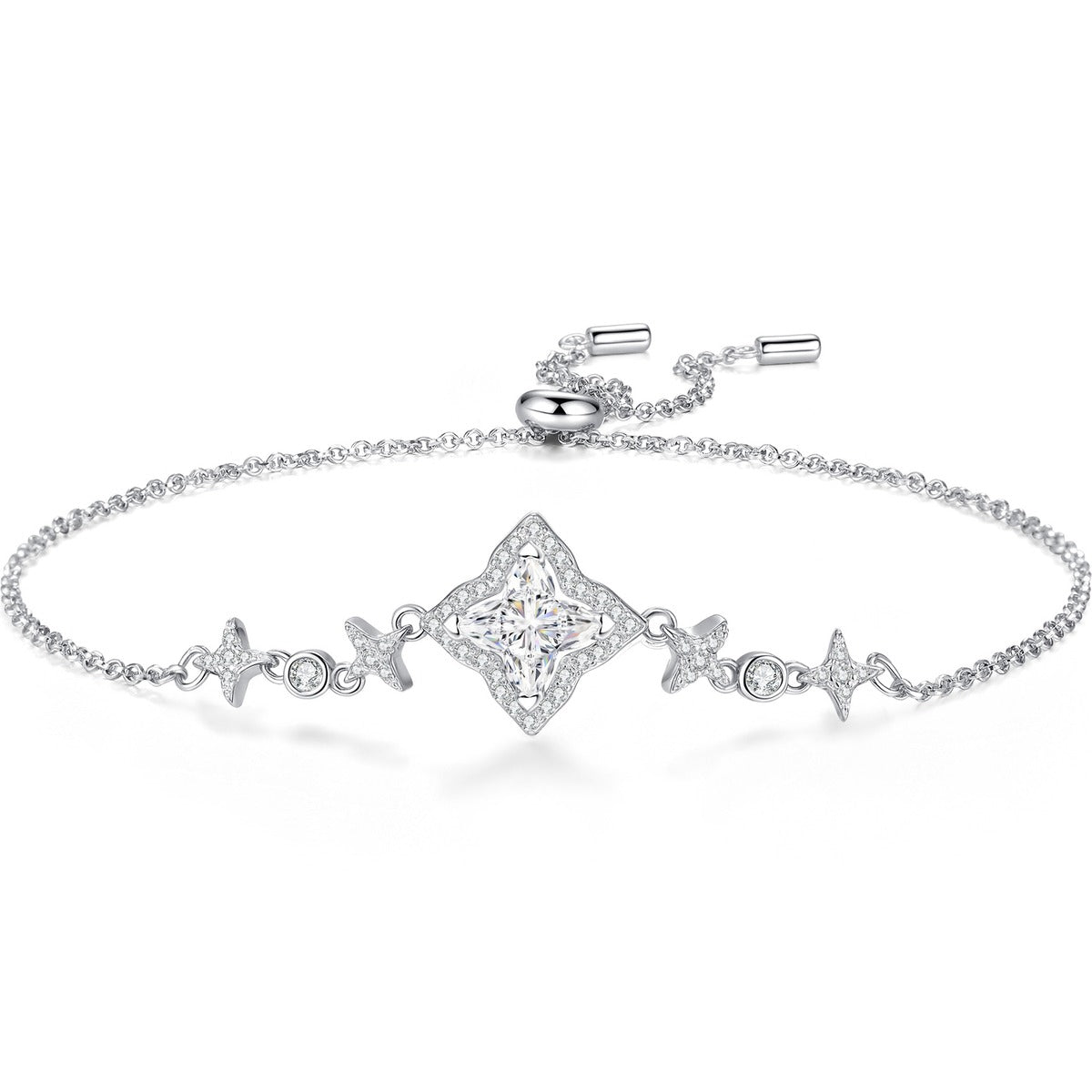 Star Cut Moissanite Adjustable Bracelet with CZ white background product photo showing bracelet silhouette and moissanite setting