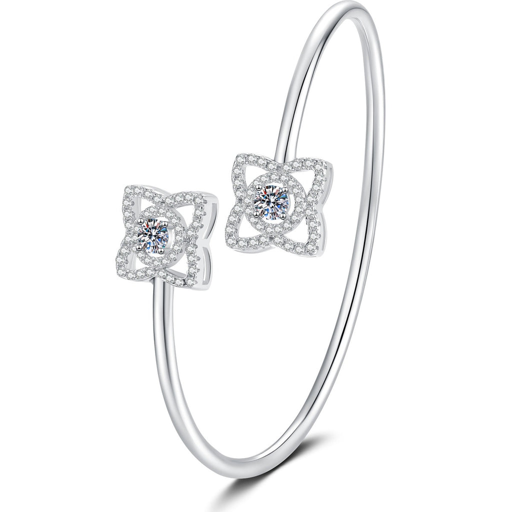 Two-Stone Moissanite Adjustable Bangle Bracelet with CZ white background product photo showing bracelet silhouette and moissanite setting