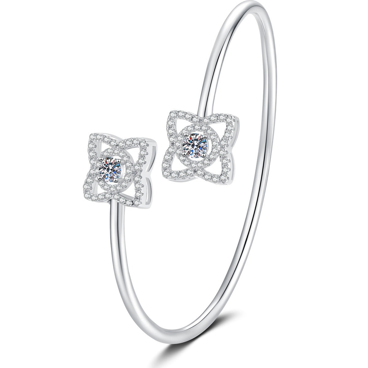 Two-Stone Moissanite Adjustable Bangle Bracelet with CZ white background product photo showing bracelet silhouette and moissanite setting