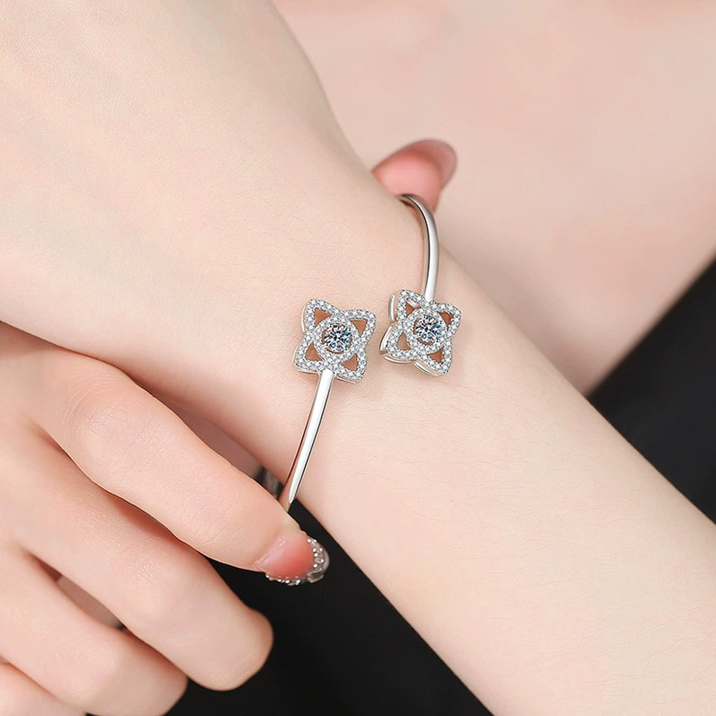 Two-Stone Moissanite Adjustable Bangle Bracelet with CZ worn on wrist model view showing bracelet scale and fit