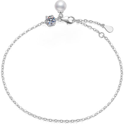 Pearl and Moissanite Chain Bracelet white background product photo showing bracelet silhouette and moissanite setting