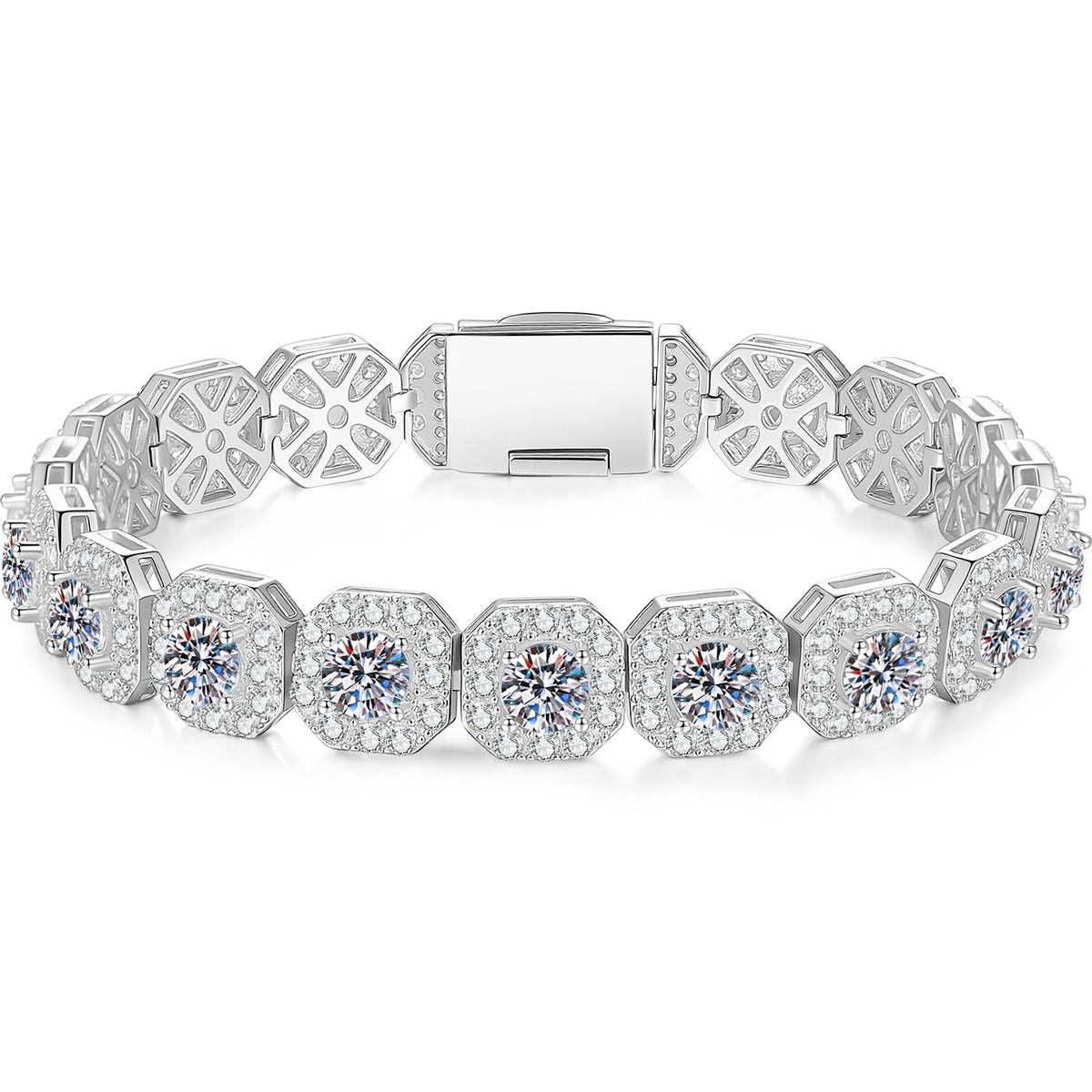 Wide Moissanite Tennis Bracelet with CZ white background product photo showing bracelet silhouette and moissanite setting